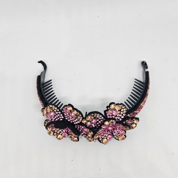 Crystal Flower Ponytail, Bun Claw - Shades of Pink & Gold - 804 Crystals - Picture 11 of 12